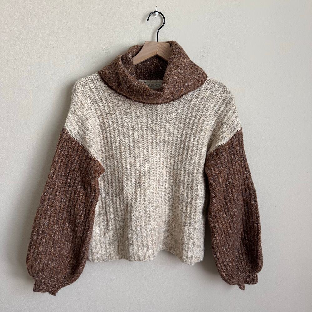 Ruby Moon Brown Taupe Color Block Balloon Sleeve Cowl Neck Knit Sweater Size XS